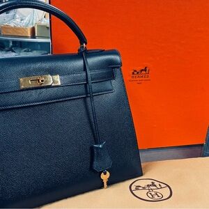 Vintage Full Set Hermes Kelly Sellier 32 Bleu Marine